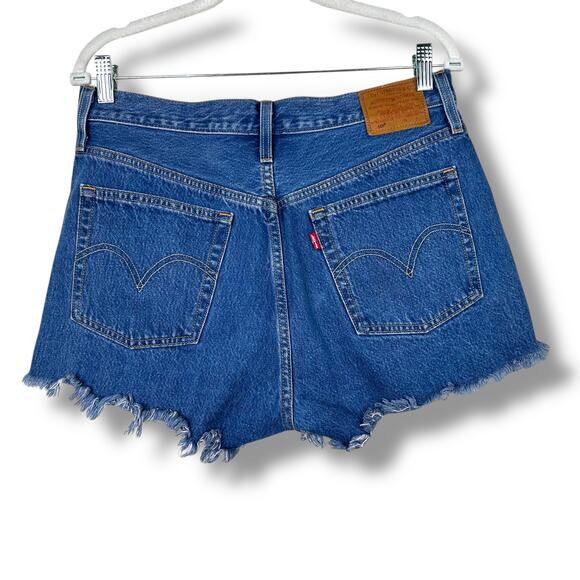 Levi's Premium Medium Wash Distressed Button Fly High Waist Denim Jean Shorts - Picture 5 of 9